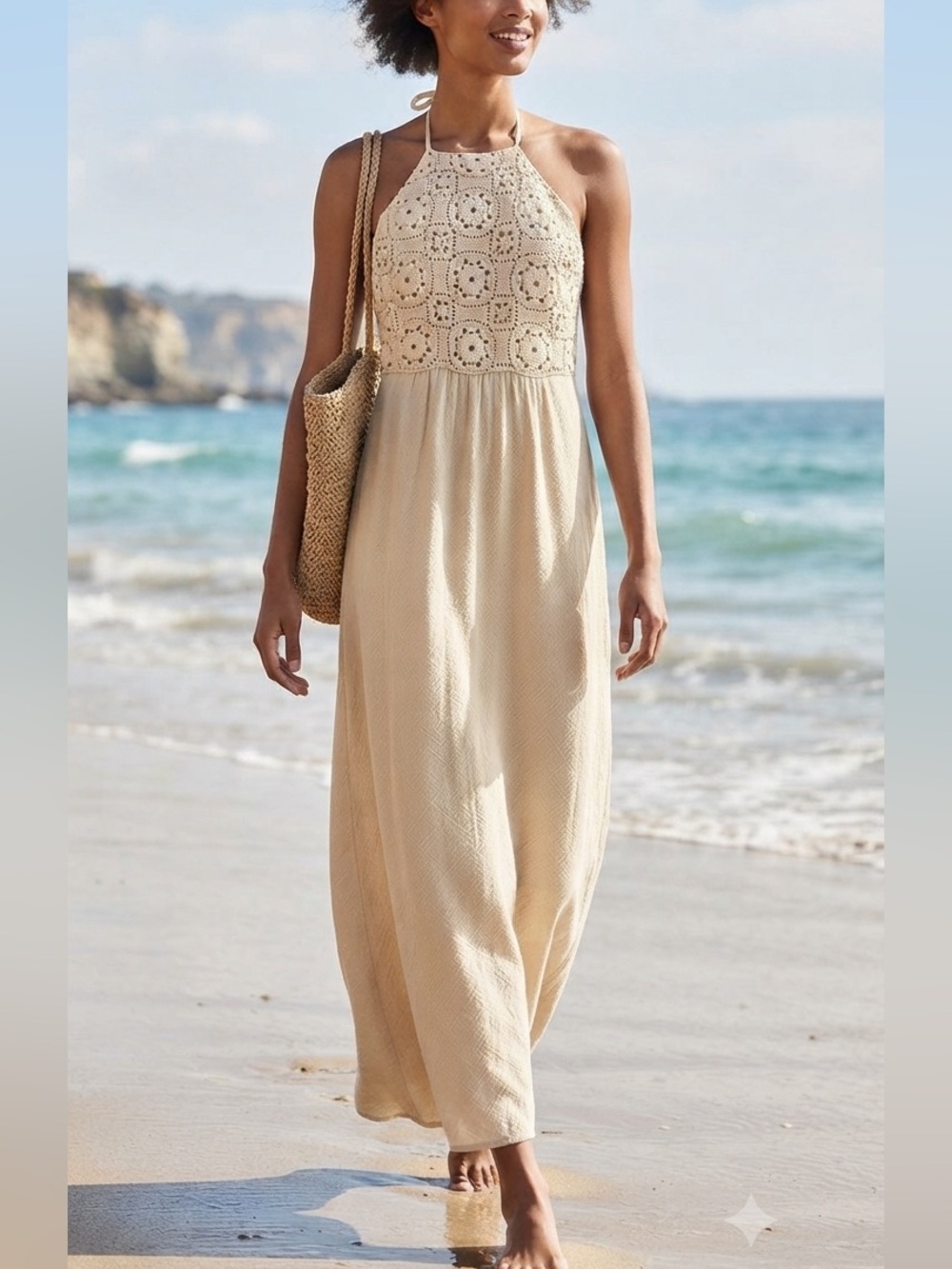 ZARA Cream Crochet Halter Cotton Maxi Dress